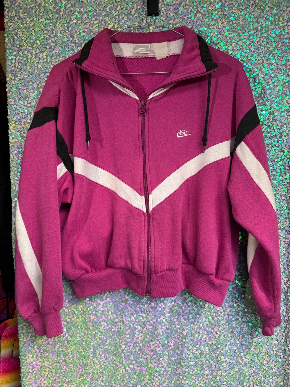 VTG Rare Nike Pink Zip-Up Varsity Jacket Sweatshirt w/ White & Black Chevron